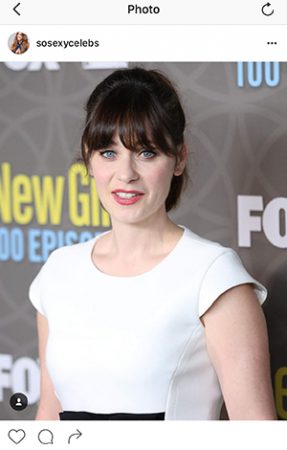 Zooey Deschanel sporting pretty pink lipstick earlier this year at the '100th Episode of The New Girl celebratory bash' [Image credit sosexycelebs Instagram]